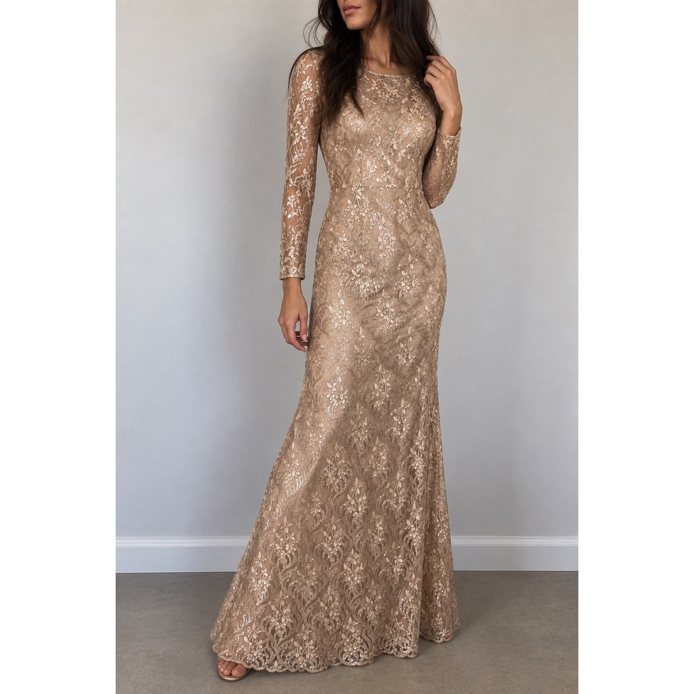 Eliza J Champagne Sequin Lace Long Sleeve Formal Gown Size 14 Evening